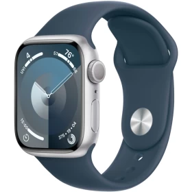Apple Watch Series 9, 41 мм, серебристый алюминий, спортивный ремешок "грозовой синий", размер S/M (MR903)