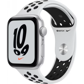 Apple Watch SE (2021), 44 мм, серебристый алюминий, спортивный ремешок Nike черного цвета (MKQ73)