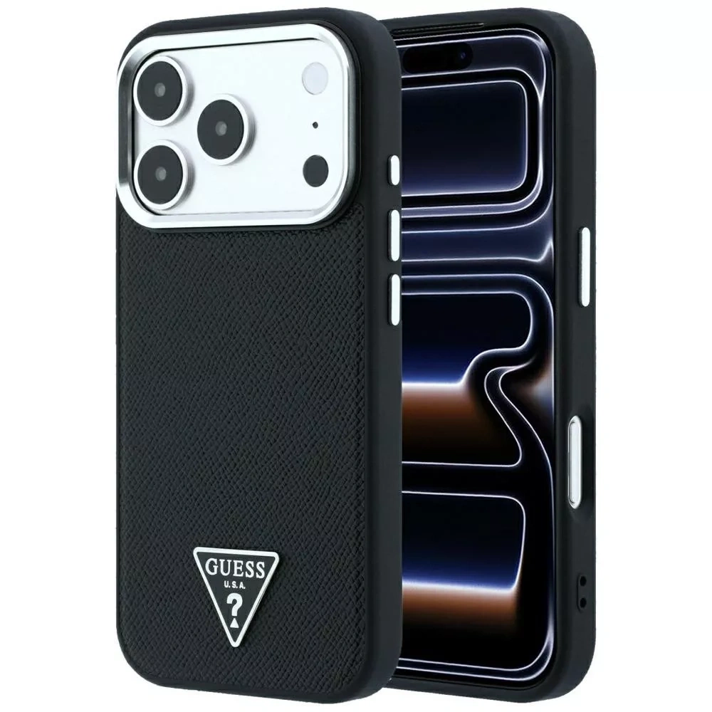 Накладка Guess для iPhone 18 Pro Max / 17 Pro Max PU Grained Triangle Metal logo &Cam Hard (MagSafe), Black (GUHMP18XPGSMTLSK). Фото 1