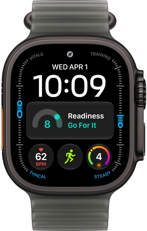 Умные часы Apple Watch Ultra 4 (2026) GPS+Cellular 49мм, Чёрный титановый корпус, ремешок "Полупрозрачный чёрный Ocean" один размер 130-200 мм (MJAY4). Фото 2