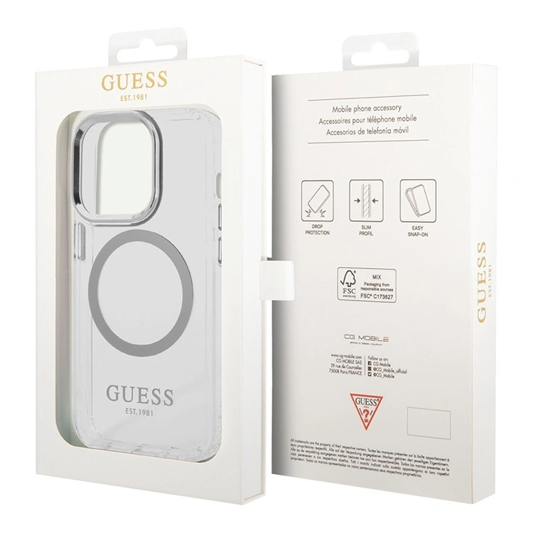 Накладка Guess для iPhone 15 Pro PC/TPU Metal outline Hard (MagSafe), Transparent/Silver (GUHMP15LHTRMS). Фото 5