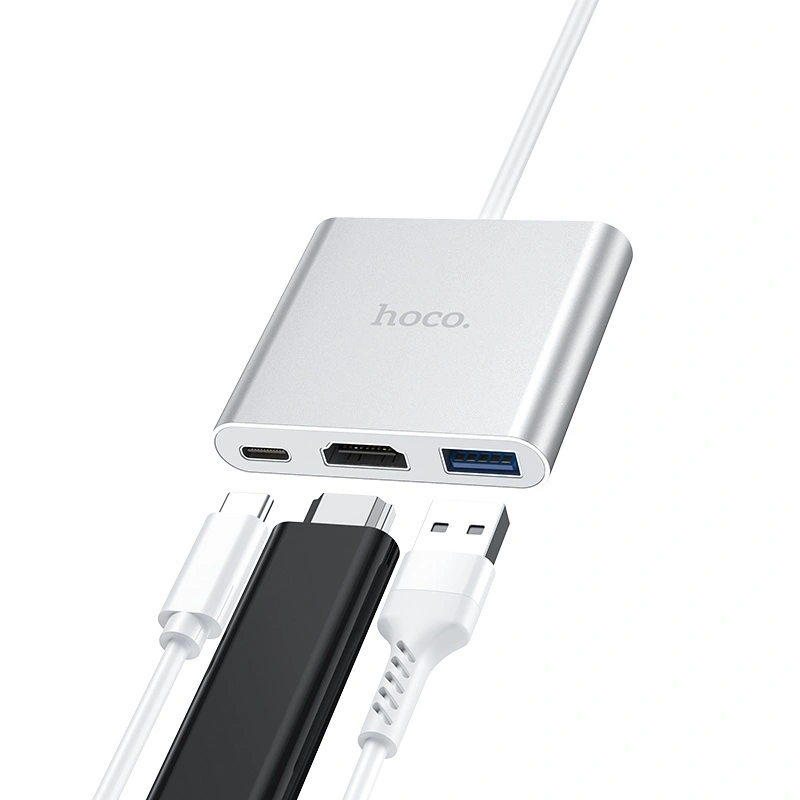 Переходник-хаб Hoco HB14 Easy use Type-C adapter (Type-C to USB3.0+HDMI+PD), Серебро. Фото 2