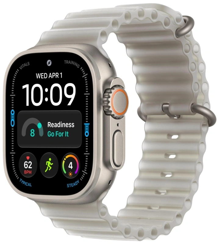 Умные часы Apple Watch Ultra 4 (2026) GPS+Cellular 49мм, Натуральный титановый корпус, ремешок "Полупрозрачный серый Ocean" один размер 130-200 мм (MJAD4). Фото 1
