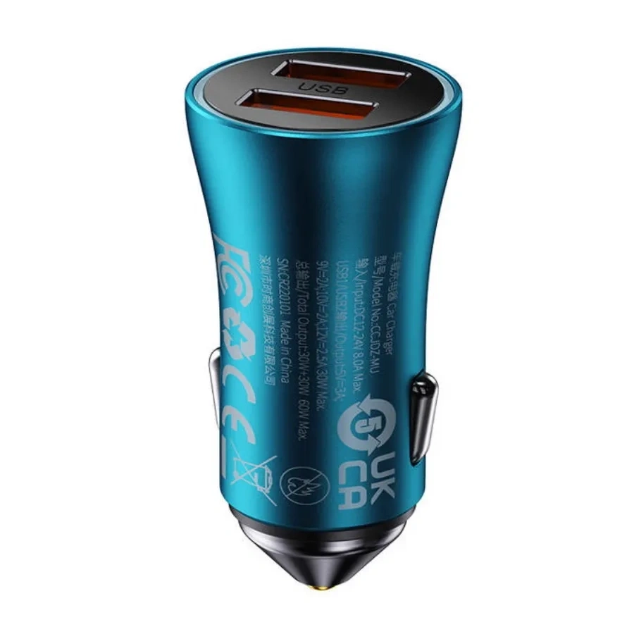 Автомобильное зарядное устройство Baseus Golden Contactor Max Dual Fast Charger U+U 60W, Blue (CGJM000003). Фото 4