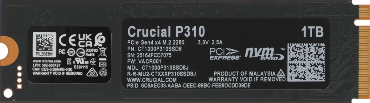 SSD накопитель Crucial P310 1ТБ M.2 2280, PCIe 4.0 x4, NVMe, M.2 (CT1000P310SSD8). Фото 2