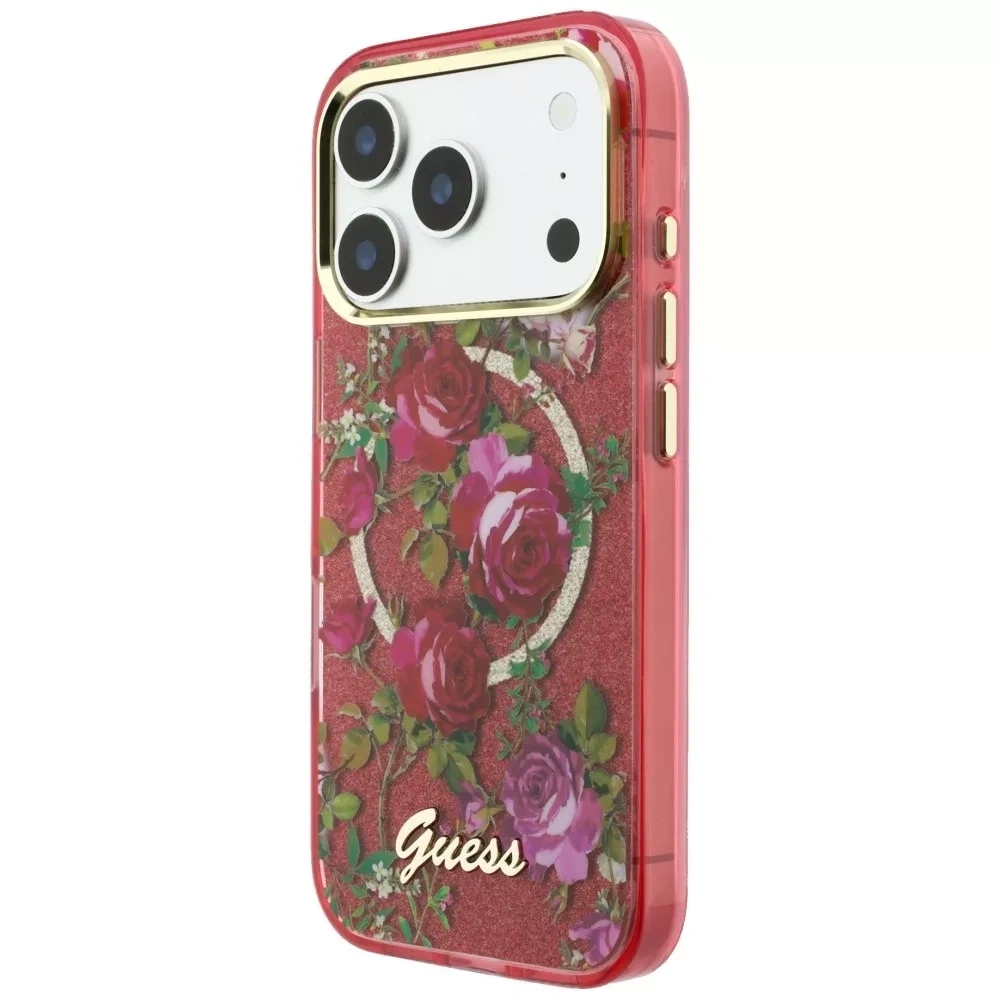 Накладка Guess для iPhone 18 Pro / 17 Pro IML Glitter Flowers Roses Metal Logo&Cam Hard (MagSafe), Burgundy (GUHMP18L6HTBGSLU). Фото 4