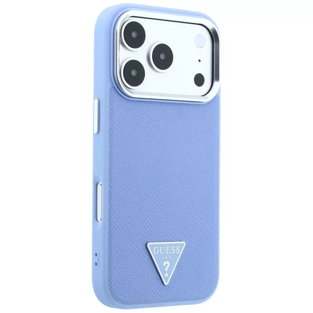 Накладка Guess для iPhone 18 Pro Max / 17 Pro Max PU Grained Triangle Metal logo &Cam Hard (MagSafe), Light Blue (GUHMP18XPGSMTLSB). Фото 3