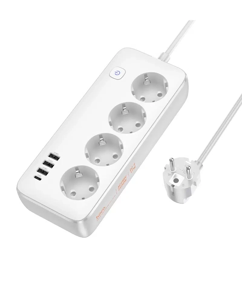 Сетевой фильтр Hoco AC21 3*USB-A, 1*USB-C, 4*розетки, 1.5м, Белый. Фото 1