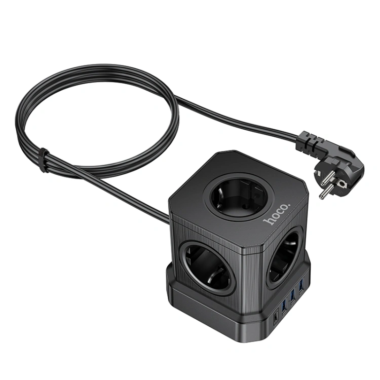 Сетевой фильтр Hoco NS8 (5 гнезд, 3USB/1USB-C, 20w, 2м), Black. Фото 4