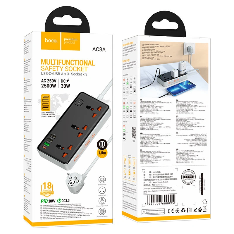 Сетевой фильтр Hoco AC8A 3 гнезда, USB-C, 3*USB-A 2500W 1.5m, Чёрный. Фото 4
