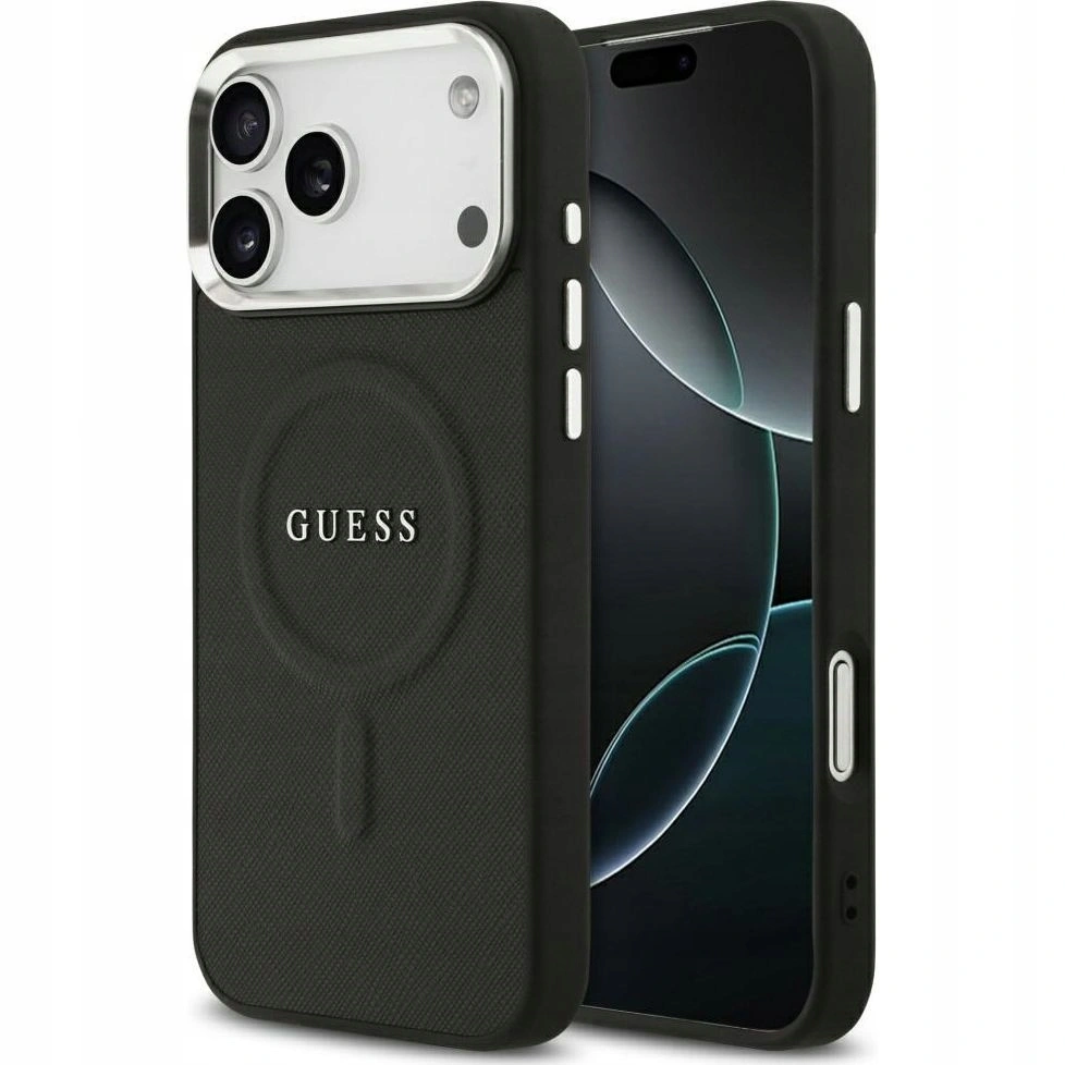 Накладка Guess для iPhone 17 Pro PU Grained leather Classic metal logo & Cam (MagSafe), Чёрная (GUHMP17LPSAREGSK). Фото 1
