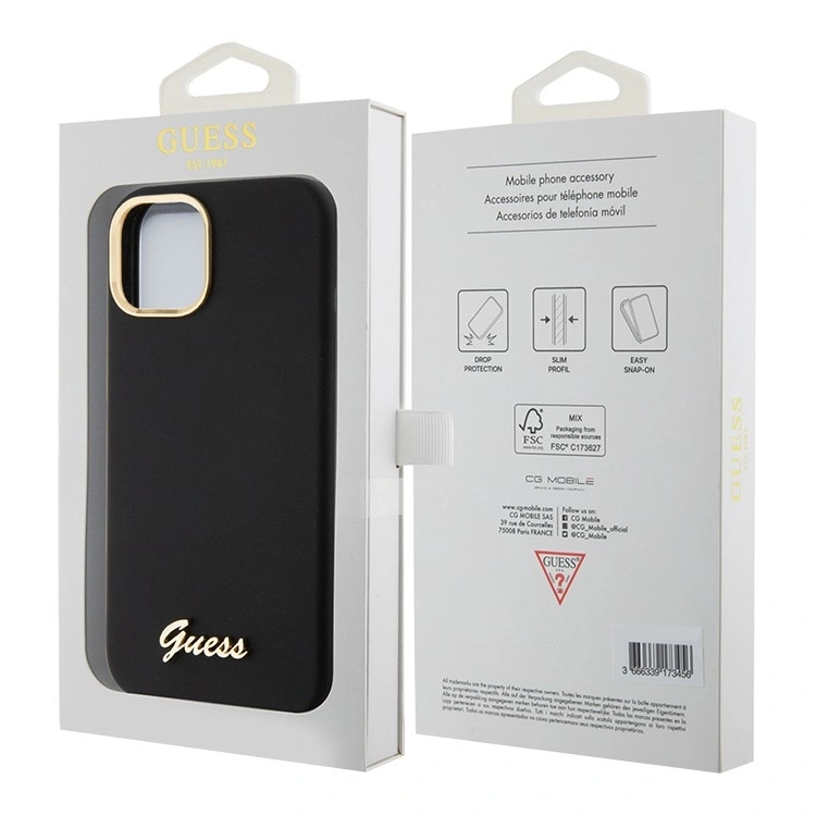 Накладка Guess для iPhone 15 Liquid silicone Gold metal logo & Camera frame Hard, Black (GUHCP15SSMBSLK). Фото 5