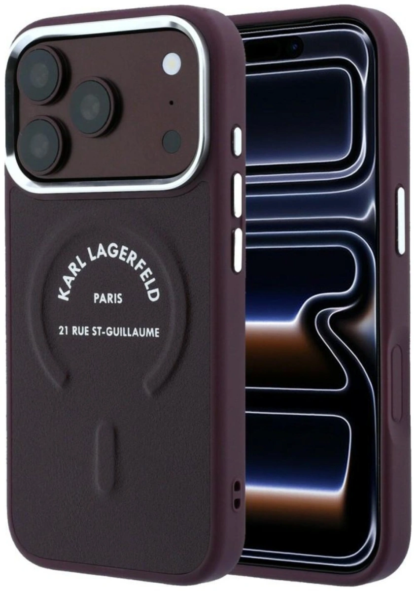 Накладка Lagerfeld для iPhone 18 Pro Max/17 Pro Max PU Embossed Ring RSG Metal cam Hard (MagSafe), Burguny (KLHMP18XPSKRSGER). Фото 1