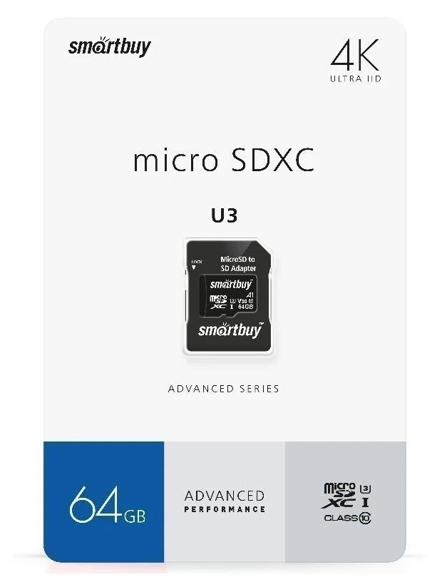 Карта памяти SmartBuy 64Гб microSD Class 10 Advanced Series + SD адаптер (SB64GBSDU1A-AD). Фото 1