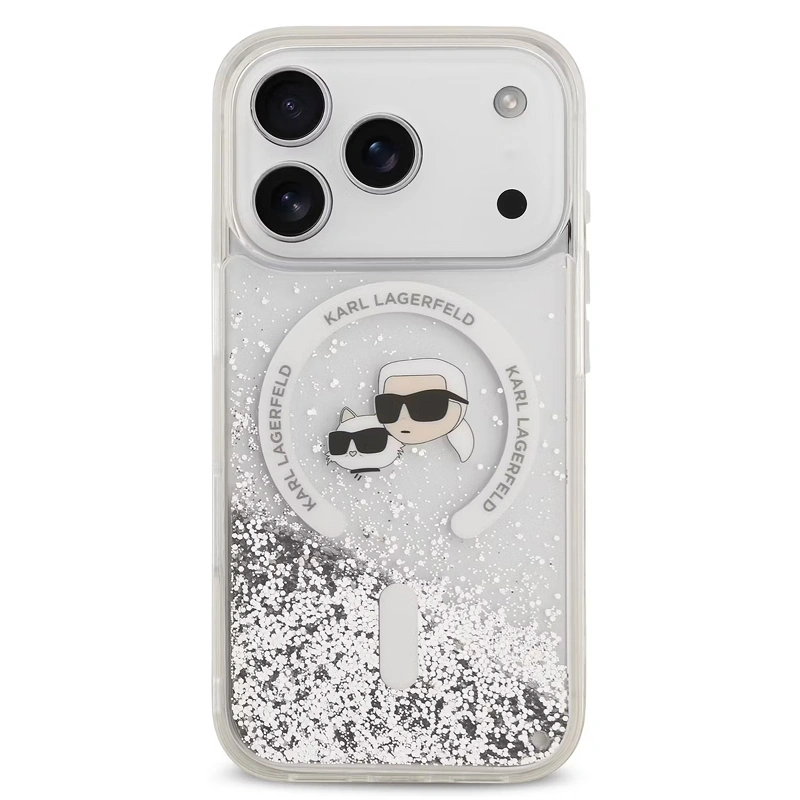 Накладка Lagerfeld для iPhone 17 Pro Max Liquid Glitter NFT Karl & Choup Heads Hard (MagSafe), Прозрачная (KLHMP17XLGKCSGH). Фото 3