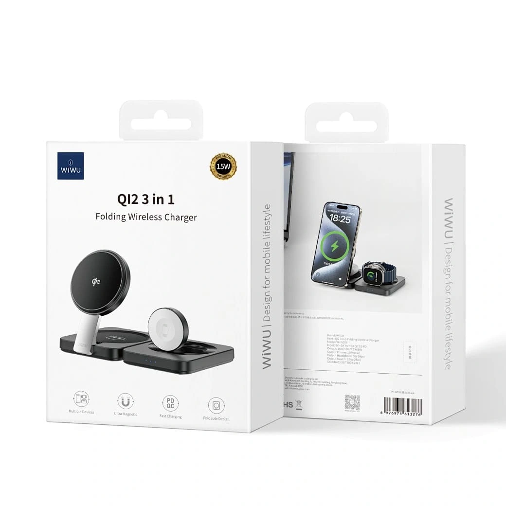 Беспроводное зарядное устройство Wiwu 3in1 Qi2.0 Folding Wireless Charger, Чёрное (Wi-W028). Фото 5