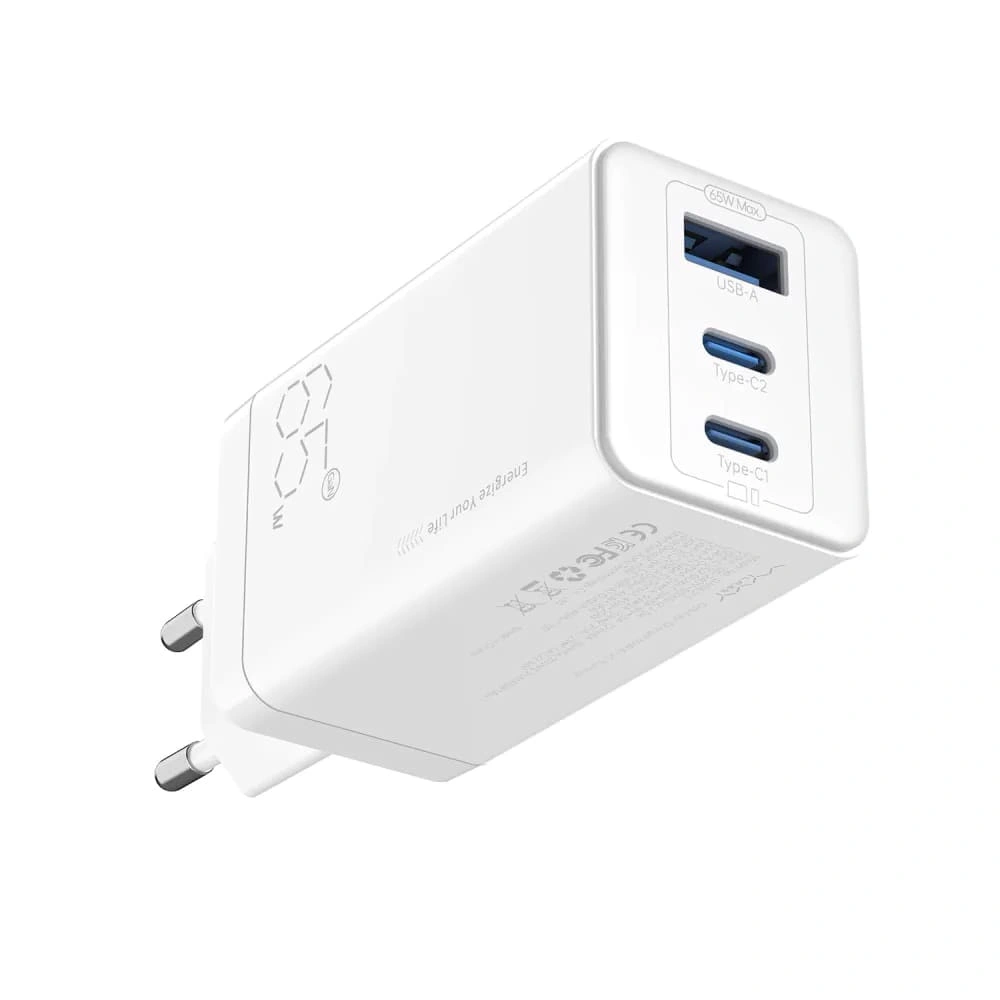 Сетевое зарядное устройство Vyvylabs Gan Fast Charger 65W A+2C, Белый (GAN65EU-WH). Фото 1
