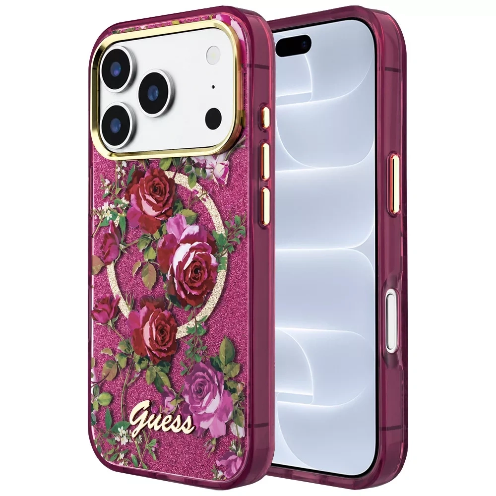 Накладка Guess для iPhone 18 Pro / 17 Pro IML Glitter Flowers Roses Metal Logo&Cam Hard (MagSafe), Burgundy (GUHMP18L6HTBGSLU). Фото 1