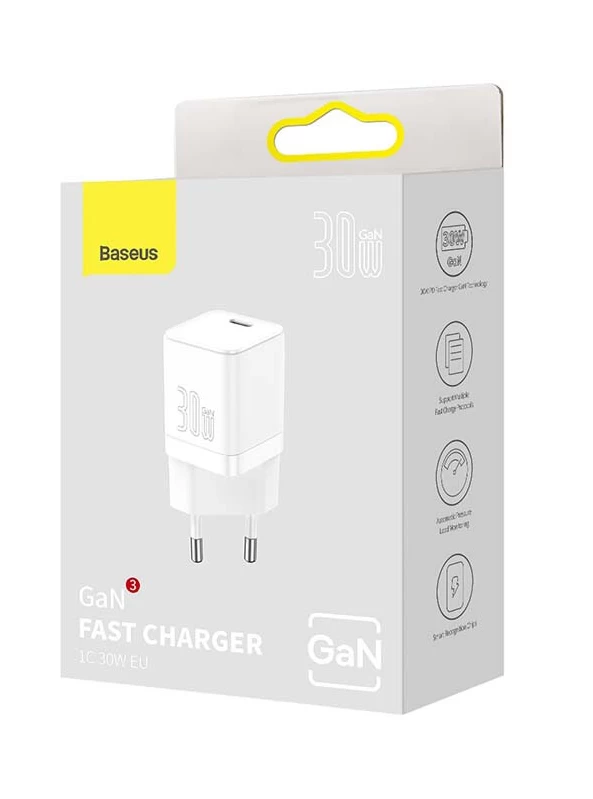 Сетевое зарядное устройство Baseus GaN3 Fast Charger 1C 30W EU, Белое (CCGN010102)
