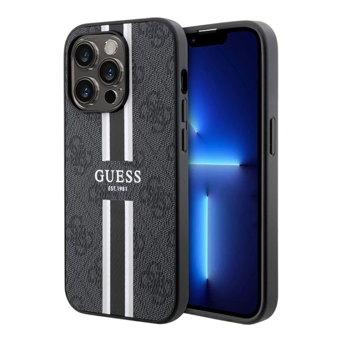 Накладка Guess PU 4G Stripes Hard (MagSafe) для iPhone 15 Pro, Чёрная (GUHMP15LP4RPSK)